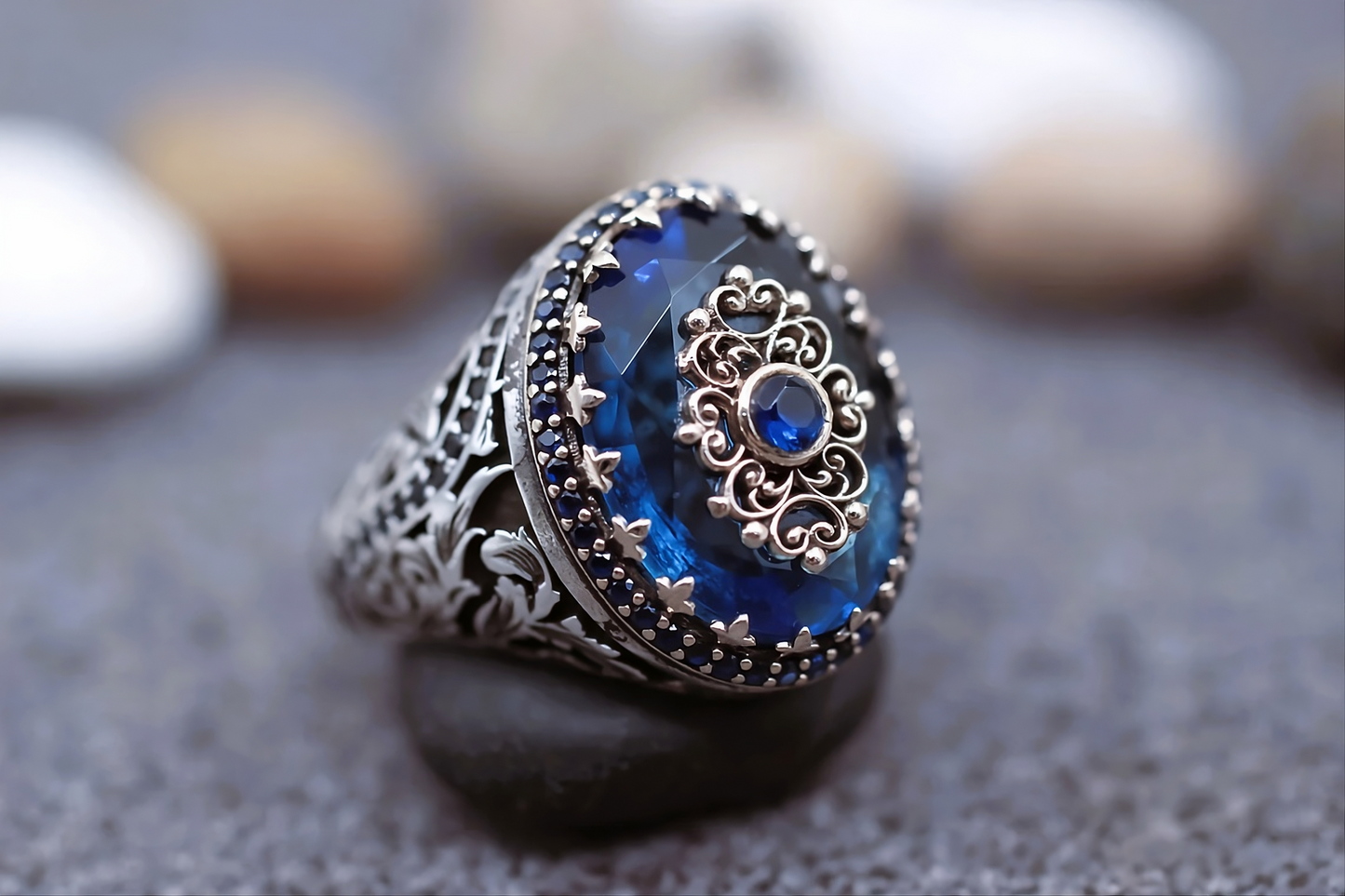 Vintage Inspired Blue Ancient Middle East Arabic Style Men's Retro Silver Ring