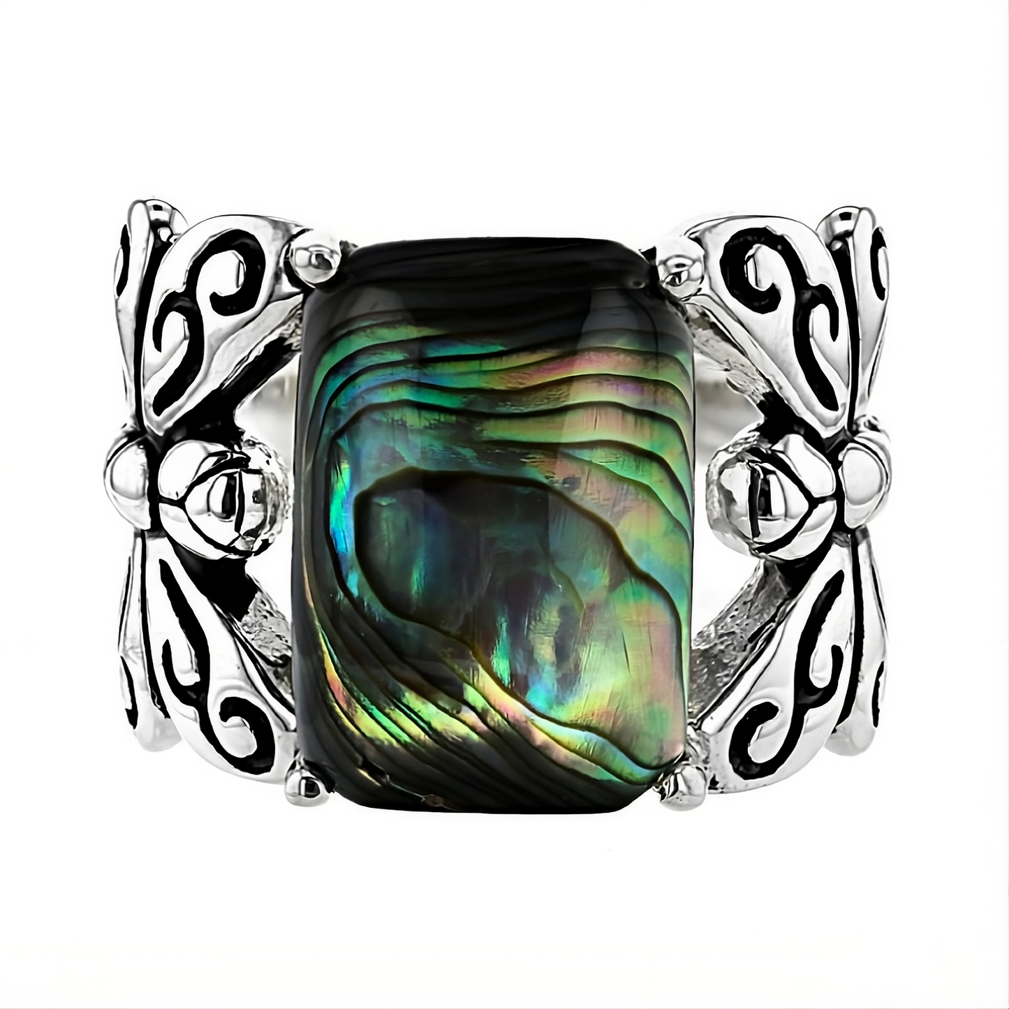 Vintage Distressed Colorful Shell Butterfly Antique Silver Ring
