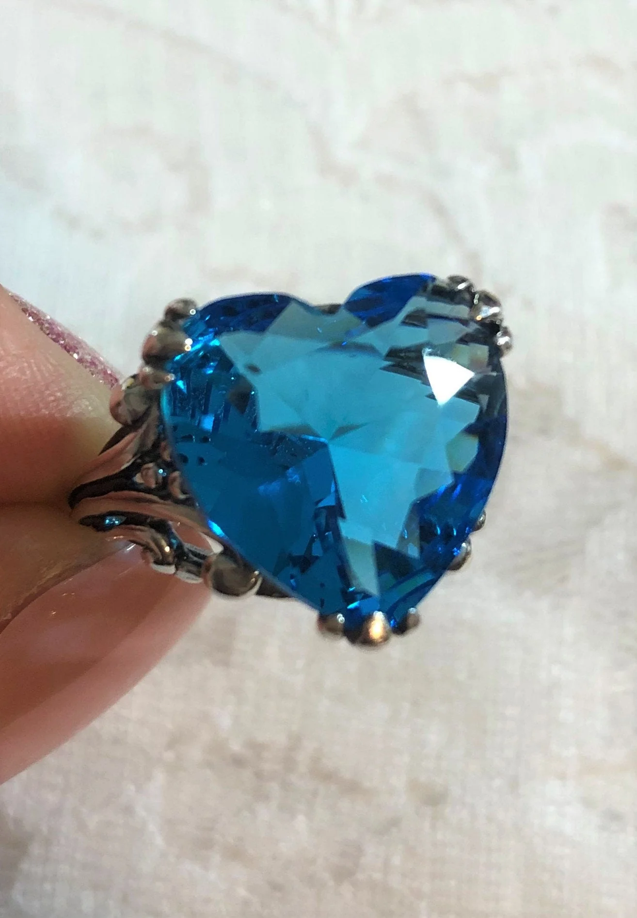 12mm Blue Aquamarine Silver Tone Heart Shaped Ring