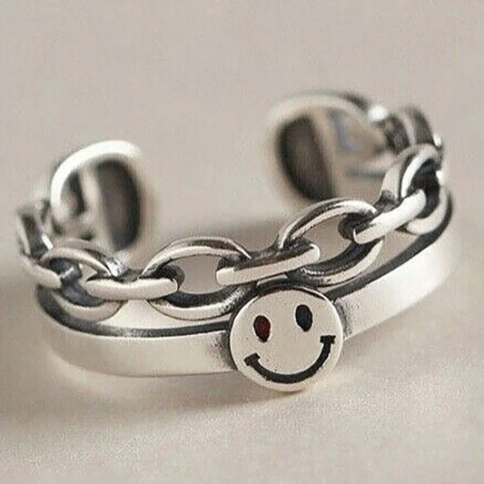 S925 Silver Punk Color Happy Smiling Face Retro Open Ring