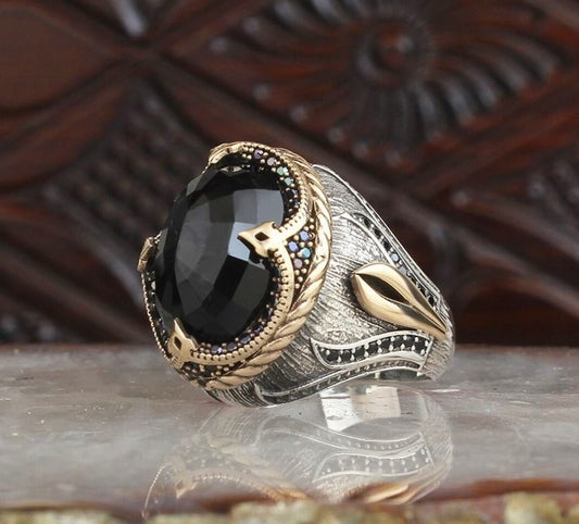 Men's 925 Sterling Silver Black Modern Motif Handmade Ring