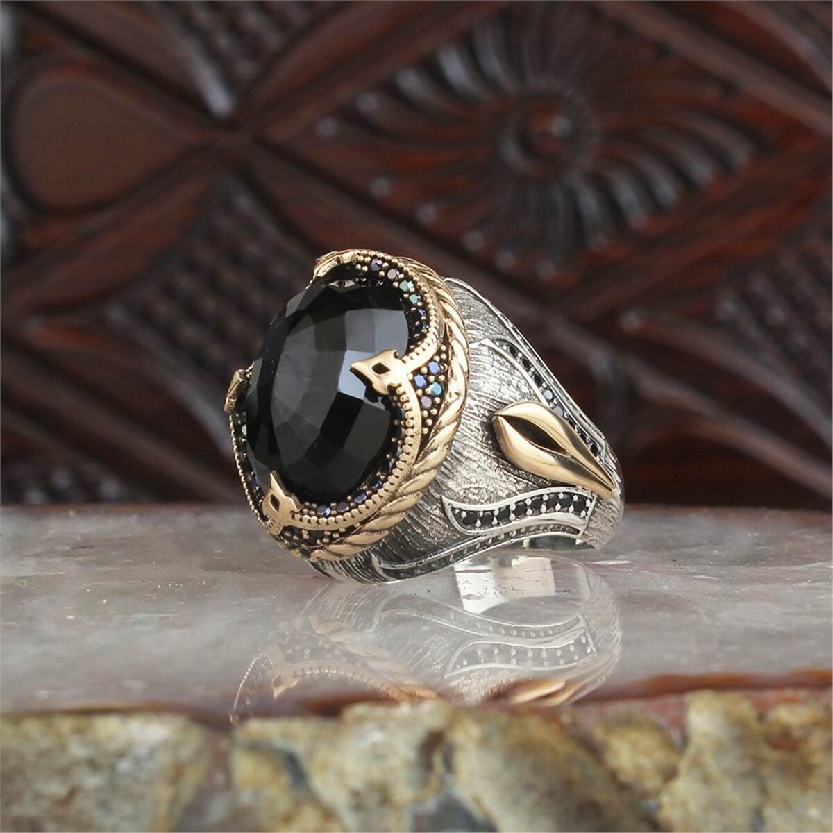 Men's 925 Sterling Silver Black Modern Motif Handmade Ring