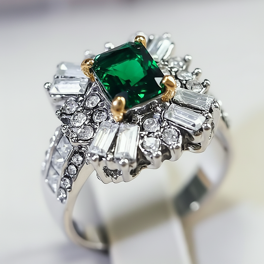Vintage Green & White Floral Antique Silver Art Deco Ring