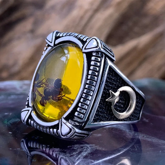 Men's Vintage Natural Agate Yellow Amber Ant Moon Silver Ring