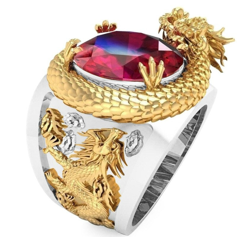 Golden Dragon Inlay Oval Red Crystal Punk Ring