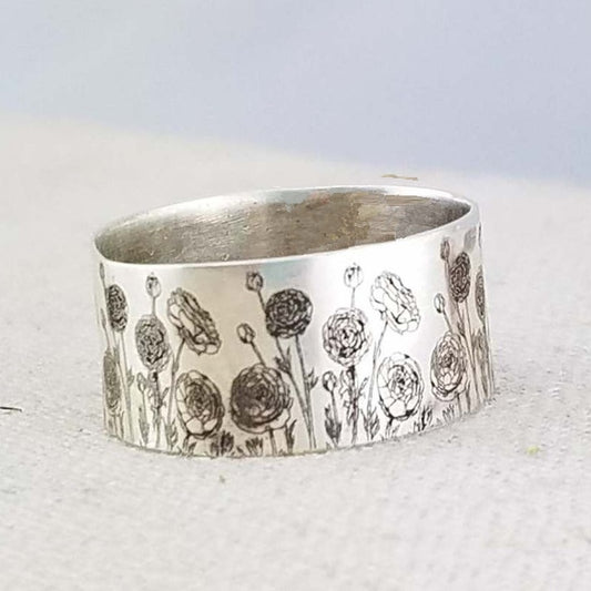 Engraved Dandelion Wildflowers Silver Wide Band Ring