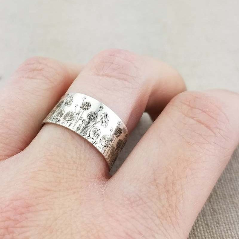 Engraved Dandelion Wildflowers Silver Wide Band Ring