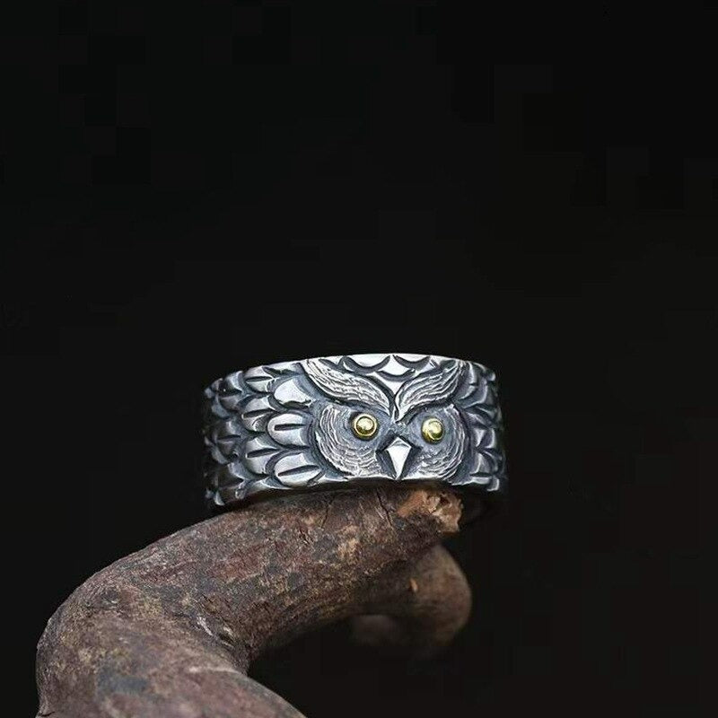 Men's Retro Owl Boho Gothic Sterling Silver Open Ring