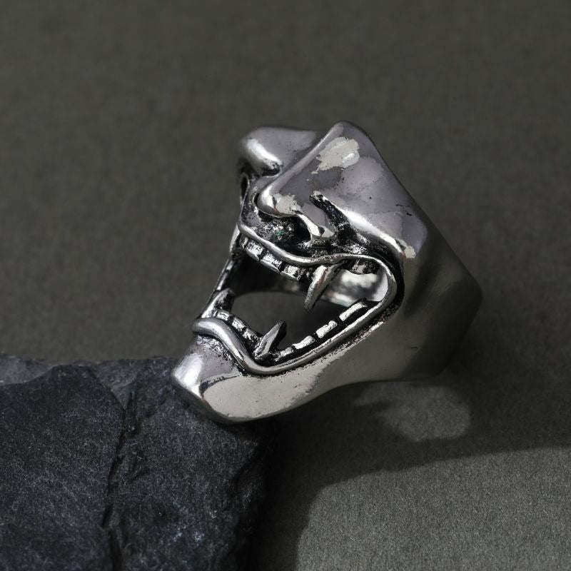 Men's Laughing Japanese Mask Open Mouth Silver Gothic Ring