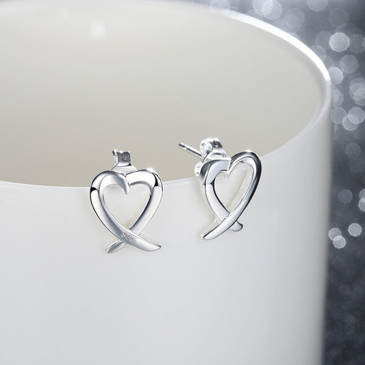 Silver Open Heart Ribbon Stud Earrings