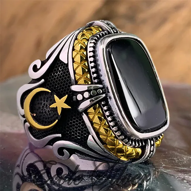 Men's Black Onyx Two Tone Moon Star Open Turkish Ottoman Ring
