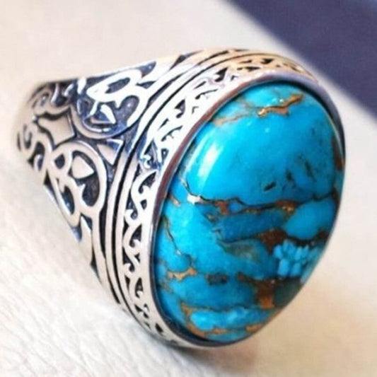Thai Retro Style Classic Oval Blue Turquoise Silver Ring