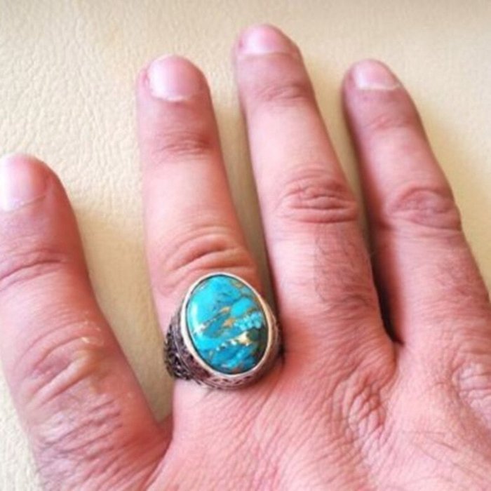 Thai Retro Style Classic Oval Turquoise Silver Ring - Size 7