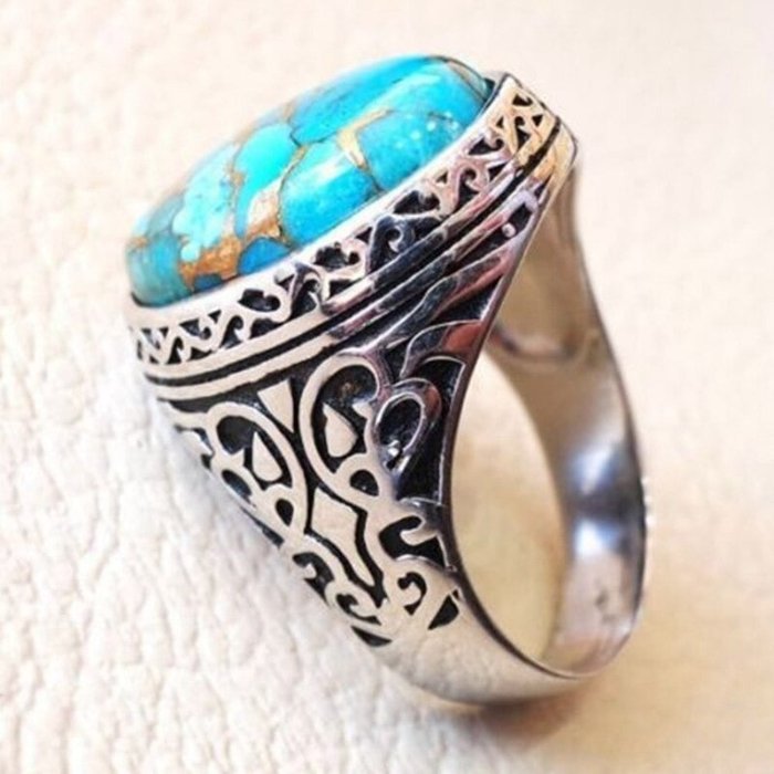 Thai Retro Style Classic Oval Turquoise Silver Ring - Size 7