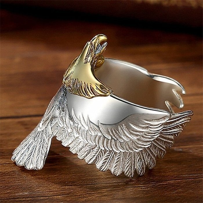 Sterling Silver Carved Flying Eagle Wings Open Ring