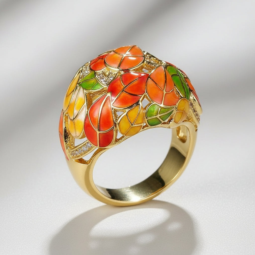 Chinese Style Hand-Painted Fall Leaves Retro Ring