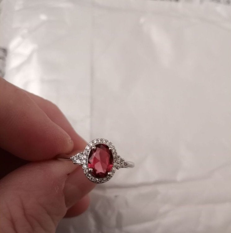 Sterling Silver Oval Ruby Red Halo Ring