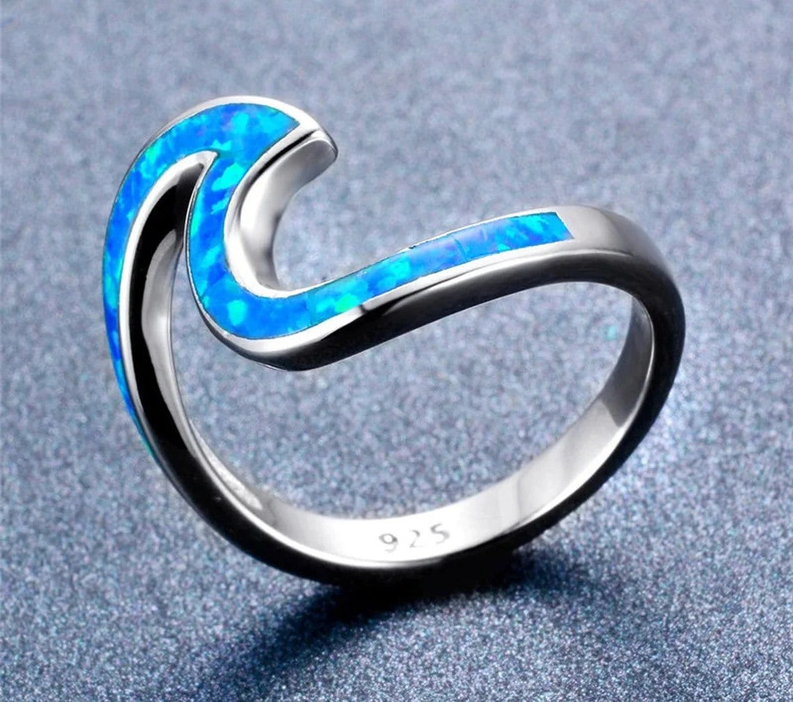 Unique Blue Opal Wave Silver Ring