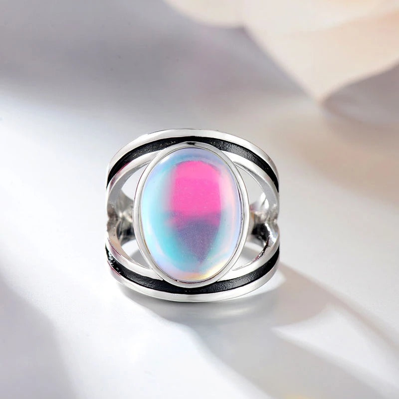 Sterling Silver Oval Multicolor Faux Moonstone Big Ring