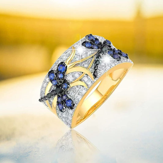 Blue Dragonfly Inlaid Crystal Gold Ring