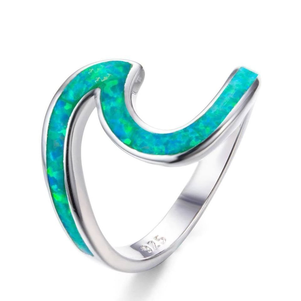 Unique Green Opal Wave Silver Ring