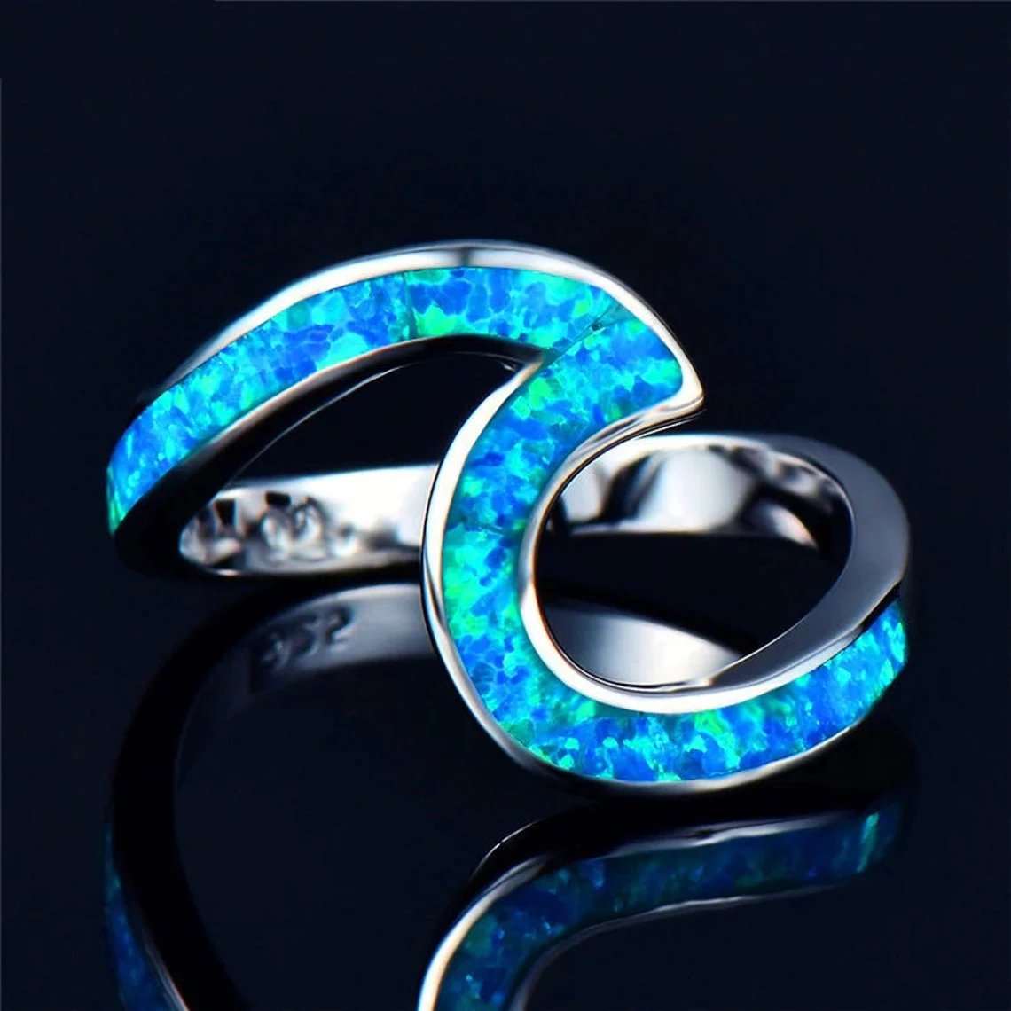 Unique Blue Opal Wave Silver Ring