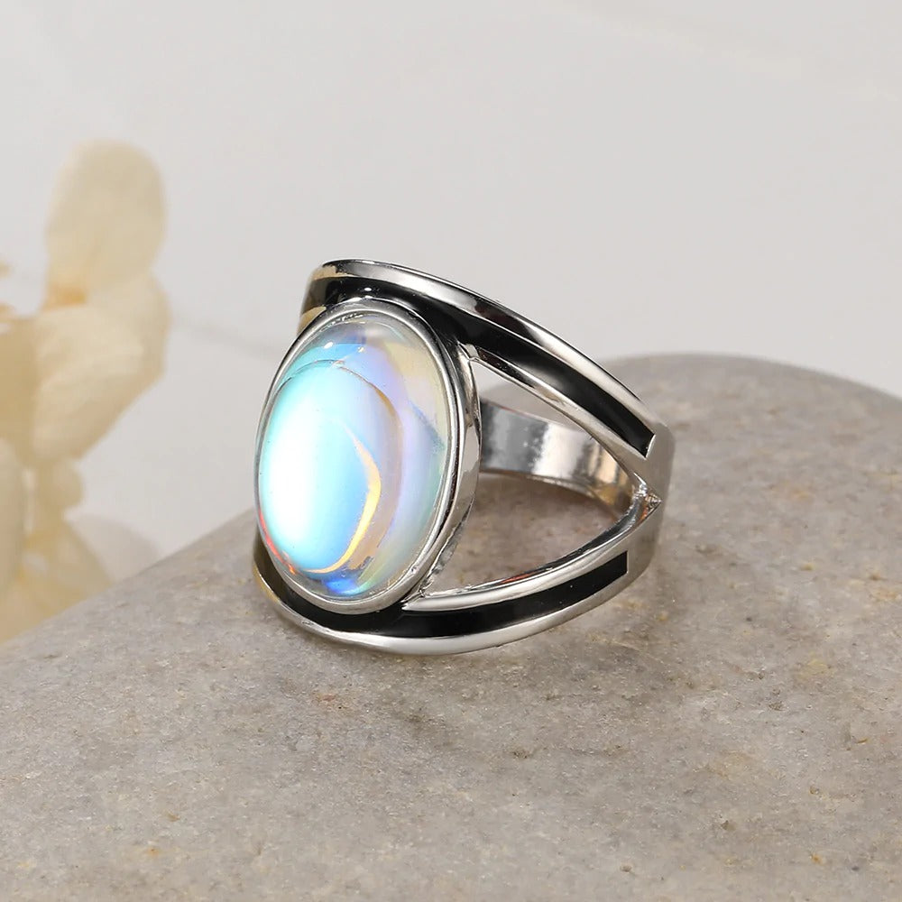 Sterling Silver Oval Multicolor Faux Moonstone Big Ring