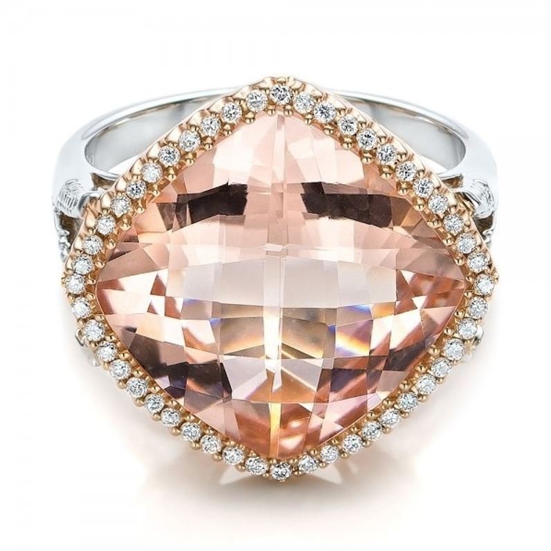Two Tone Square Champagne Morganite Silver Hollow Ring