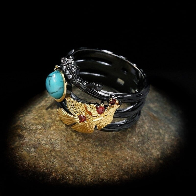 Vintage Black Gold Tungsten Turquoise Multi-layer Ring
