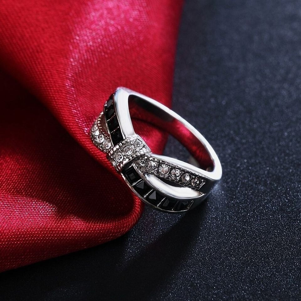 Sterling Silver Black Mini Zircon Hollow Multilayer Ring