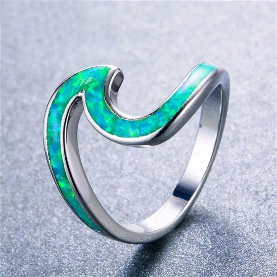 Unique Green Opal Wave Silver Ring
