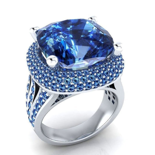 15.65CT Noble Inlaid Full Royal Blue Topaz Silver Ring