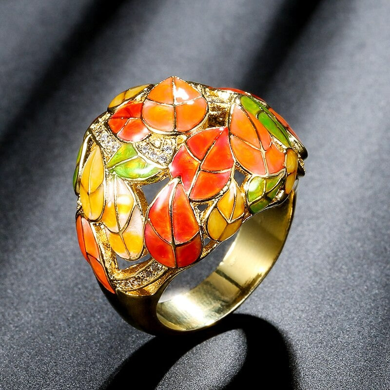 Chinese Style Hand-Painted Fall Leaves Retro Ring