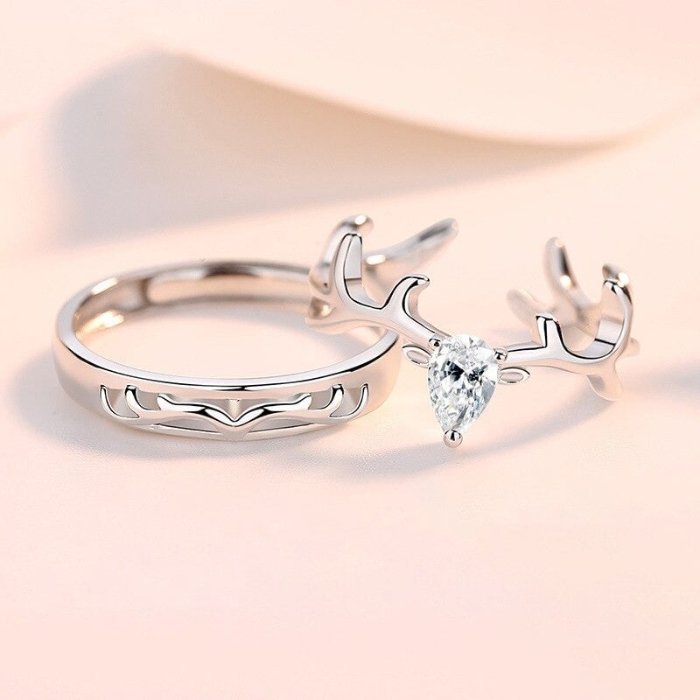 2pcs Sterling Silver Deer Antler Matching Open Couple Rings